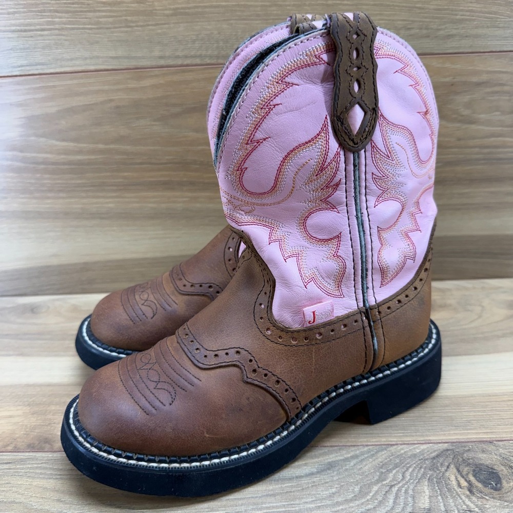 Justin‎ Gypsy Boots Womens 5 Brown Pink Leather Western Cowgirl Short - Picture 3 of 11